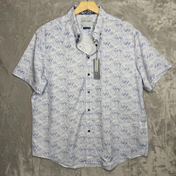 Henri James Other - Henri James Shirt Mens XL Short White Blue Abstract Print Hyper Stretch Casual